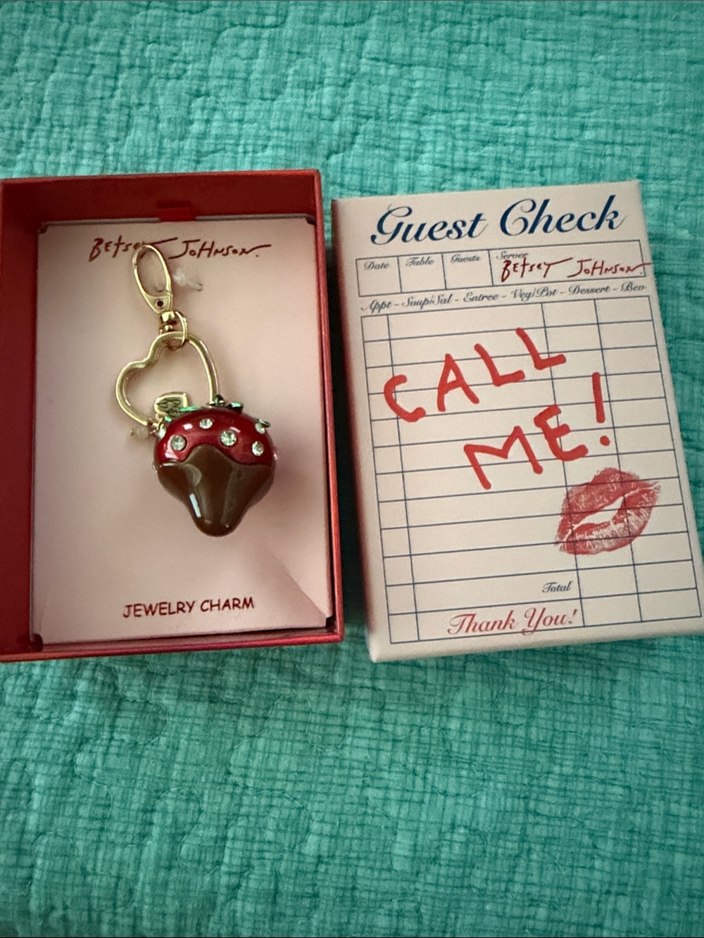 Betsey Johnson Red & Brown Strawberry Charm Keychain with Gold Hardware